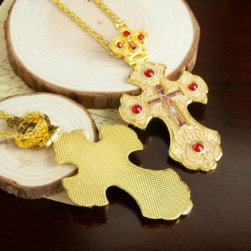 Orthodoxes Metallkreuz mit Jesus-Ikone und Edelstein-Optik in Rot, Blau und Gold für Kirche oder Zuhause - Bild 1