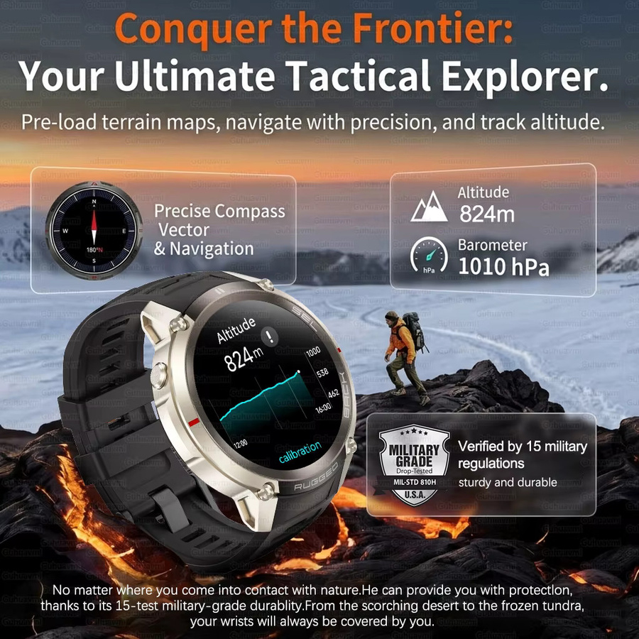 GUHUAVMI Militärische GPS-Smartwatch in Gold mit Offline-Karte, 5ATM Wasserdichtigkeit, Höhenkompass und Bluetooth-Anruffunktion für Outdoor-Sport und Fitness - Bild 4