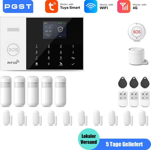 PGST Smart Home Sicherheitssystem mit 4G WLAN Alarmset, Tuya Smart Life und Alexa Kompatibilität, Farbe: Weiß - Bild 1