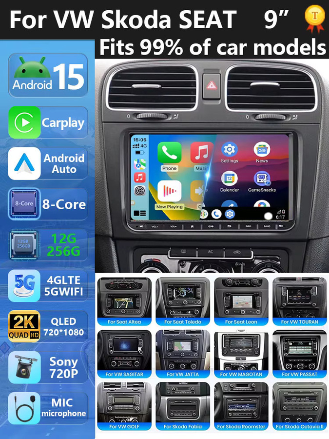 RSNAVI Android 2DIN Autoradio mit Carplay, Wifi und GPS Navigation für Volkswagen Golf 5 6, Polo, Passat B6 B7, CC und Skoda Jetta in Schwarz - Bild 6