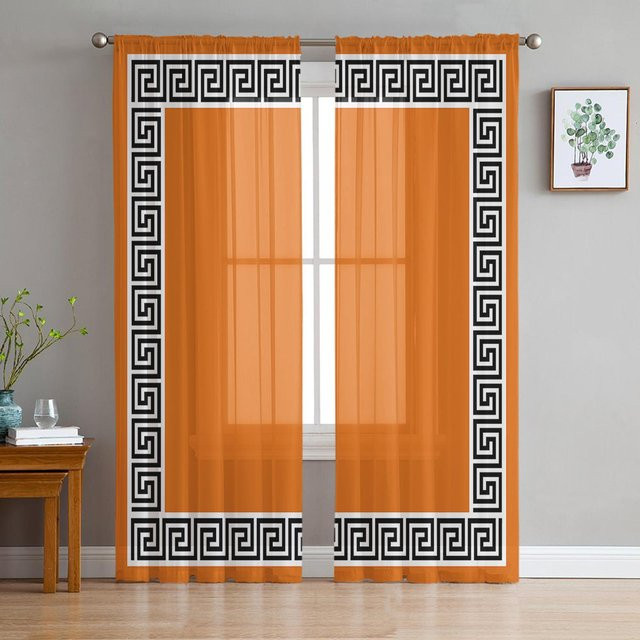 Transparente Vorhänge im chinesischen Stil mit geometrischem Muster in Orange von Household supplies MH, Breite: 135 cm, Höhe: 115 cm - Bild 1