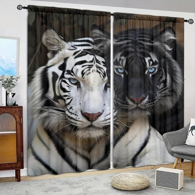 2er-Set Tiger-Vorhänge mit modernem Print in Weiß und Schwarz, halbtransparent, B: 52,5 cm, H: 116 cm - Bild 1