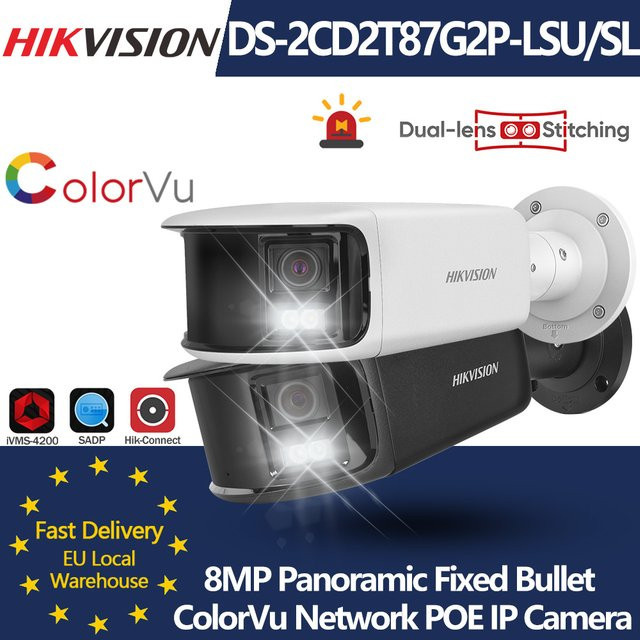 Hikvision DS-2CD2T87G2P-LSU/SL 8MP 4K Dual-Objektiv Panorama ColorVu IP-Kamera in Weiß mit Stroboskoplicht, akustischem Alarm und 2-Wege-Audio - Bild 1