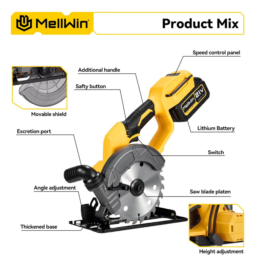MELLWIN Bürstenlose 6-Zoll-Elektro-Kreissäge in Gelb, tragbare Multifunktions-Schneidemaschine für Holz und PVC-Rohre, wiederaufladbar und kompatibel mit Makita LXT Akkus - Bild 3