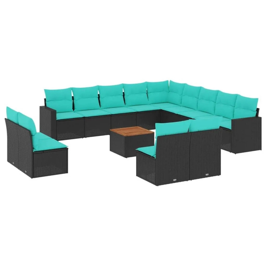 vidaXL 14-teilige Garten-Sofagarnitur aus Poly-Rattan und Akazienholz in Schwarz mit Kissen - Bild 2