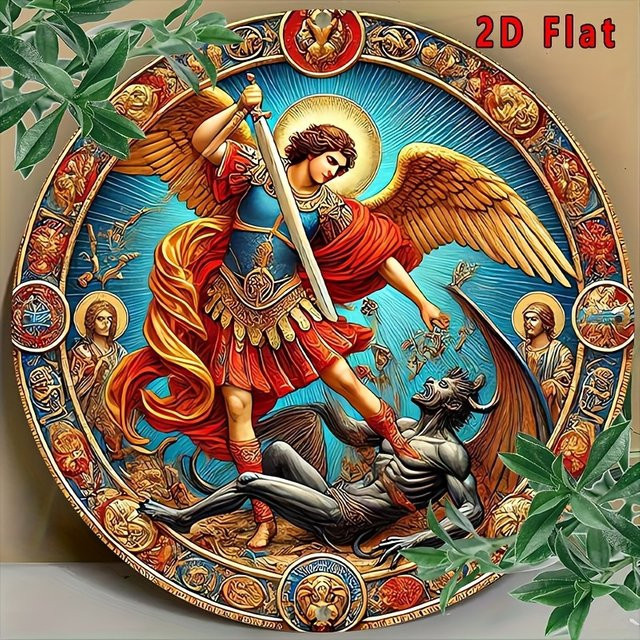 Potdemiel Metallwandkunst Archangel Michael Defeats the Demon Vintage Rund Aluminium-Blechschild Mehrfarbig Durchmesser: 20,32 cm - Bild 1