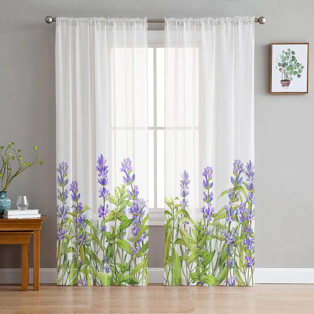 Yiran Furniture Transparente Tüll-Vorhänge mit Lavendel-Blumenmuster in Lila und Weiß, Breite: 135 cm, Höhe: 115 cm - Bild 1