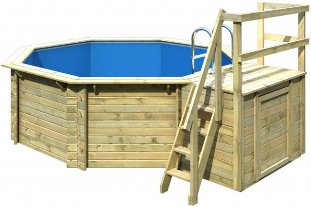 Karibu Achteck Holzpool Modell 1 B Set aus Fichte in Blau und Grau, B/T/H: 400 x 400 x 124 cm - Bild 1