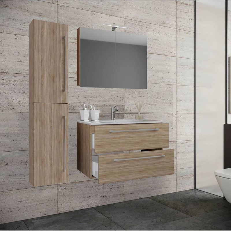 VCM Badmöbel Set Badinos 4-tlg. in Eiche Braun mit Keramik-Waschtisch, Spiegelschrank und Hochschrank, B/H/T: 81 x 51,6 x 46,4 cm - Bild 3
