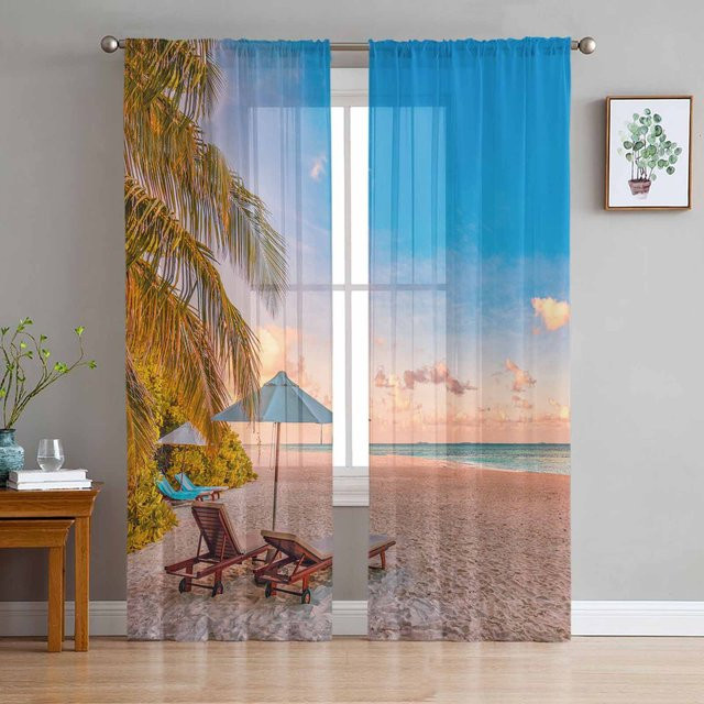 Transparente Tüll-Vorhänge mit tropischem Pflanzenmuster in Blau für Wohnzimmer und Küche, Breite: 135 cm, Höhe: 115 cm - Bild 1