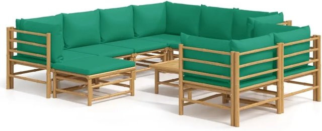 vidaXL 10-tlg Garten-Lounge-Set aus Bambus mit grünen Polsterkissen in U-Form - Bild 1