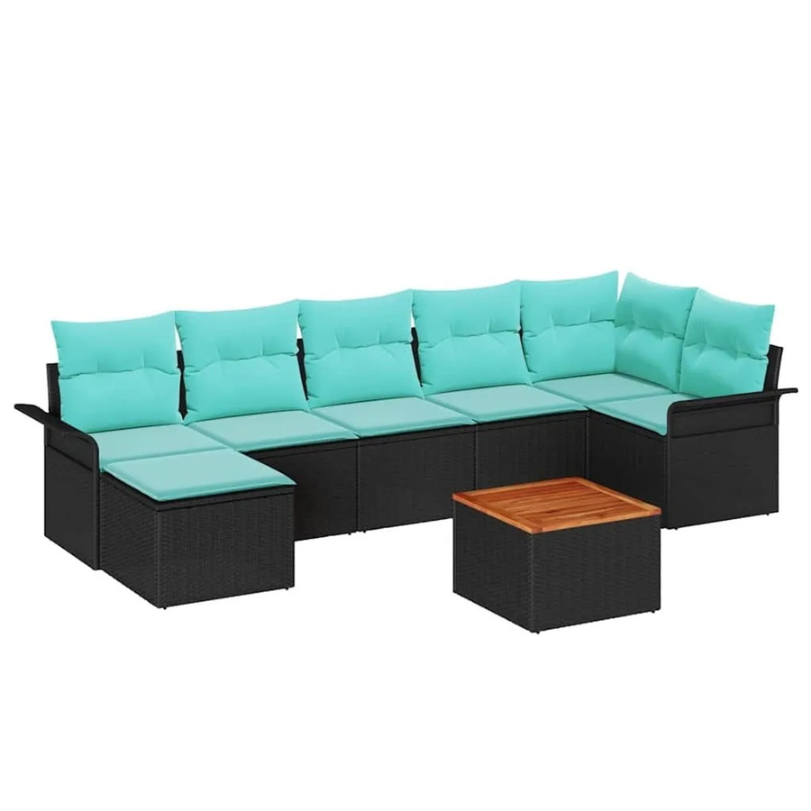 vidaXL Gartensofa-Set 8-teilig aus Poly-Rattan und Akazienholz in Schwarz und Türkis mit Polstern und Tisch - Bild 2