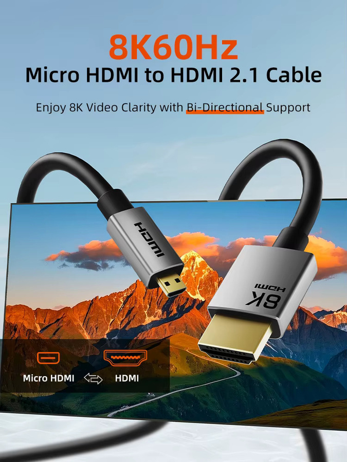 CABLETIME Micro-HDMI-auf-HDMI-Kabel 8K@60Hz HDMI 2.1 mit 48 Gbit/s in Schwarz - Bild 6