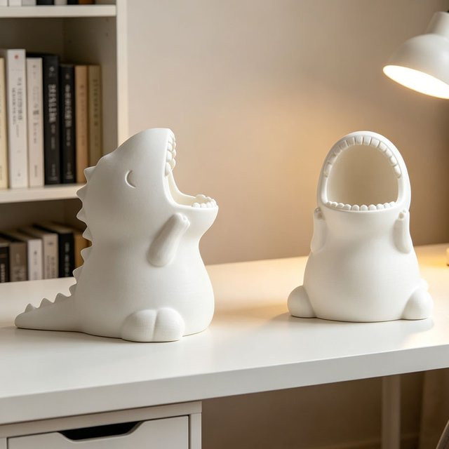 Kawaii Dino 3D-gedruckter Schreibtisch-Organizer als niedlicher Dinosaurier-Stifthalter aus Kunststoff, B: 9 cm, T: 9,3 cm, Farben: Schwarz oder Weiß - Bild 1
