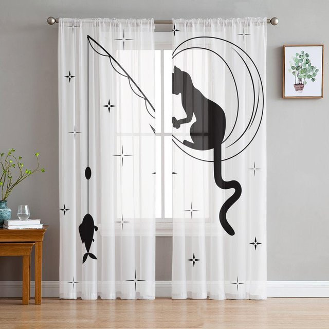 Transparente Voile-Vorhänge mit Cartoon-Tierkatzen-Print in Weiß, 2er-Set mit Haken, Breite: 50 cm, Höhe: 160 cm - Bild 1