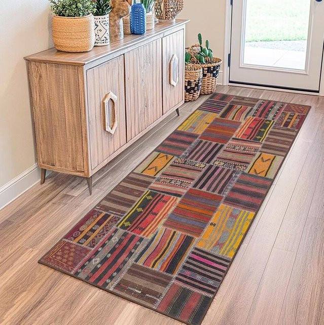 Lodestar Vintage Patchwork Läufer Teppich mit ethnischem Boho-Muster, bunt gestreift, B/T: 50 x 150 cm - Bild 1
