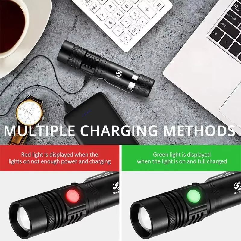 XIWANGFIRE Hochleistungs-LED-Taschenlampe in Schwarz mit Zoomfunktion, wasserdicht und USB-ladbar - Bild 4
