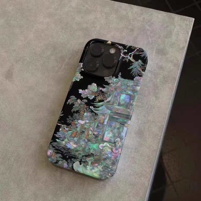 Handyhülle im traditionellen chinesischen Perlmutt-Lackware-Stil für iPhone 11 bis iPhone 17 Pro Max Plus, Farbe: Pink - Bild 1