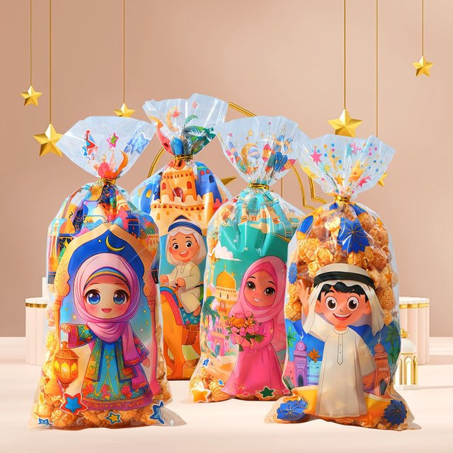50 Stück Islamische Ramadan und Eid Mubarak Geschenkbeutel aus Kunststoff in Multicolour zur Verpackung von Süßigkeiten und Gebäck - Bild 1