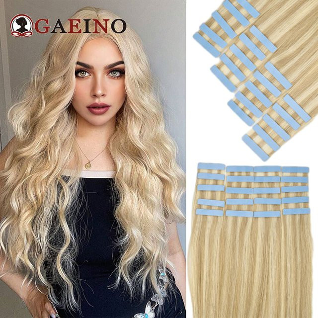 GAEINO Tape-in Haarverlängerungen Remy Echthaar, Glatt, Balayage Blond, 20 Stück - Bild 1