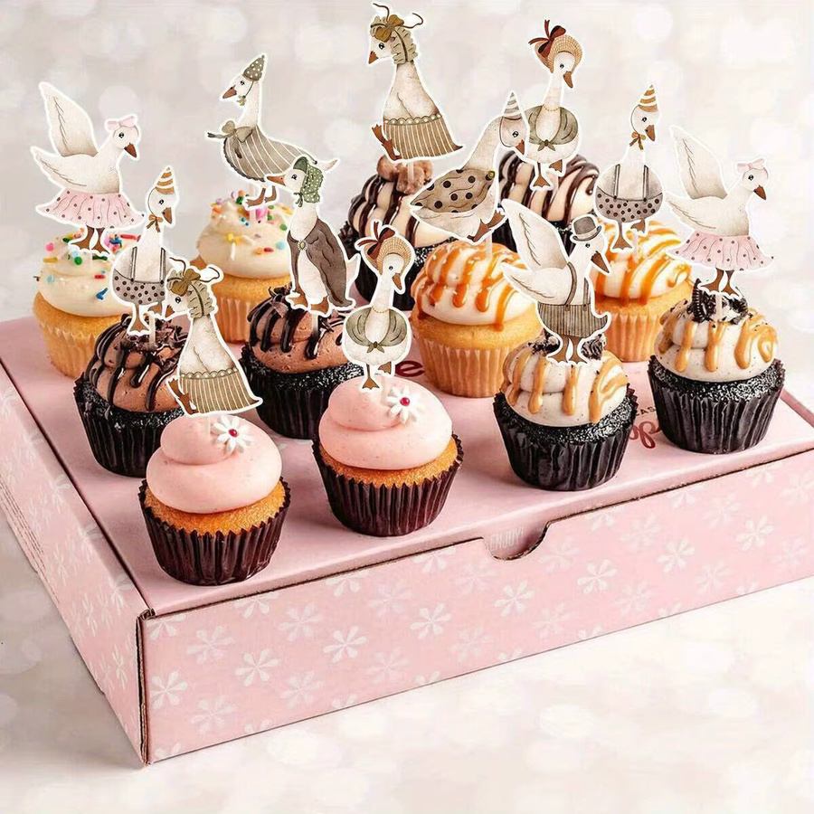 24 Stück Partism Cupcake-Topper im Vintage-Stil mit Bambus-Sticks, Cartoon-Motiv Ackerland-Gans, Kuchendekoration für Geburtstag, Mehrfarbig - Bild 2