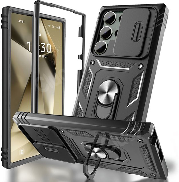 Samsung Kamera Slide Armor Schutzhülle mit 360 Grad drehbarer Abdeckung für Galaxy S25 S24 S23 S22 S21 Ultra Plus FE in Schwarz oder Weiß - Bild 1