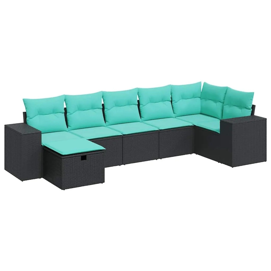 vidaXL 7-teilige Garten-Sofagarnitur in L-Form aus schwarzem Poly-Rattan mit Kissen und pulverbeschichtetem Stahlgestell - Bild 2