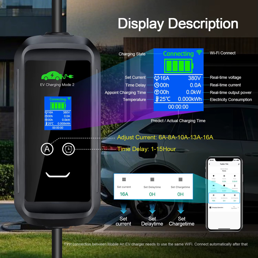 ISIGMA Tragbares EV Ladegerät Typ2 mit Tuya App WIFI Steuerung, 11KW 16A, CEE Rot - Bild 2