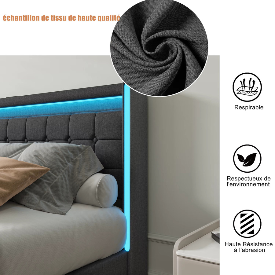 Anajqaqia Modernes Gepolstertes Doppelbett mit 4 Rollschubladen aus Leinenstoff in Grau, B/T: 160 x 200 cm - Bild 4