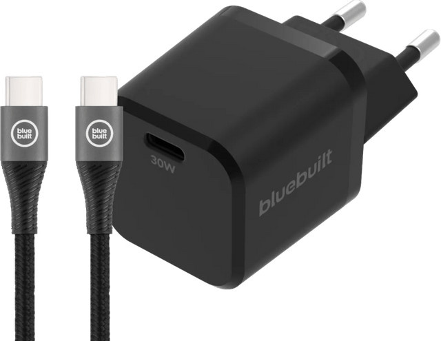 BlueBuilt Power-Delivery-Ladegerät 30 W mit USB-C-Kabel 1,5 m aus Nylon in Schwarz - Bild 1
