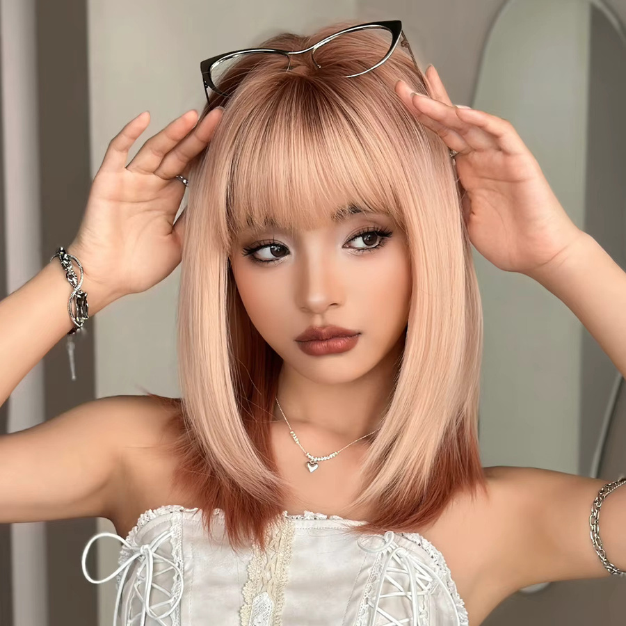 7JHH WIGS Perücke Damen, schulterlang, gerade, rosafarbene Ombre-Kupfer, synthetisch, geschichtet, dunkle Ansätze - Bild 2