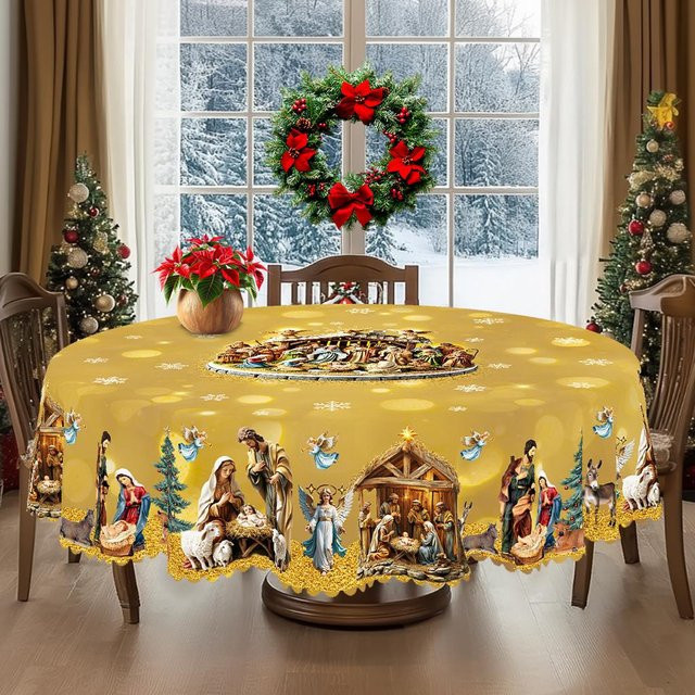 Beau Maison Weihnachts-Tischdecke im Vintage-Bauernhaus-Stil mit Weihnachtsmann, Rentier und Weihnachtsbaum, Farbe: Gelb, Durchmesser: 180 cm - Bild 1