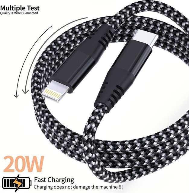 LAIHONEN USB-C zu Lightning Kabel 20W mit Nylon-Ummantelung für iPhone und iPad, Schwarz/Grau, Länge: 3 m - Bild 1