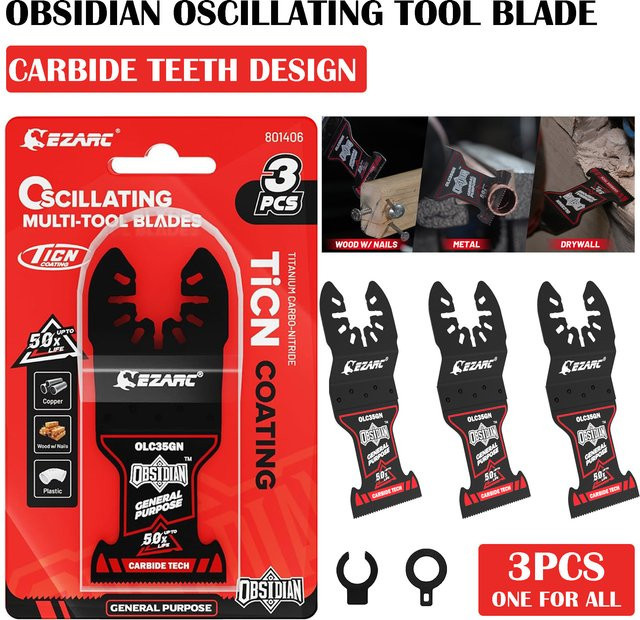 EZARC 3-teiliges Hartmetall-Oszillierwerkzeug-Klingen-Set Obsidian Universal Schnellwechsel-Oszillierklingen für Metall, Holz und Trockenbau - Bild 1