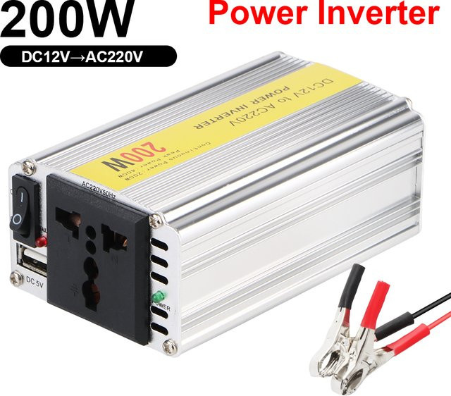 Universal Auto Ladegerät 200 W Power Adapter mit Batterie Clip und USB-Anschlüssen, Spannungskonverter von 12 V auf 220 V in Silber - Bild 1