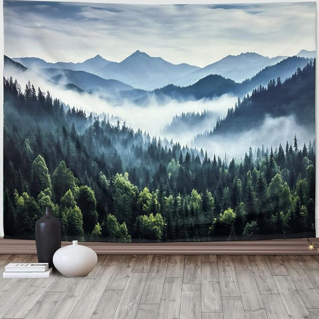 VIKAMA Wandteppich Heilender Bergwaldnebel in Blau, Textil-Wanddekoration mit Naturmotiv und Gebirgslandschaft - Bild 1