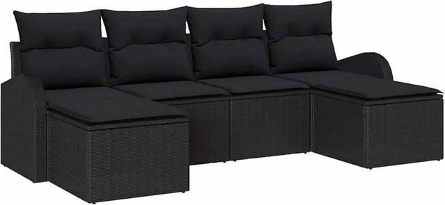 vidaXL Garten-Sofa-Set aus Poly-Rattan in Schwarz mit Kissen und Fußhockern, 6-teiliges U-Shape Lounge-Set mit Metallrahmen und UV-beständigen Polstern - Bild 1