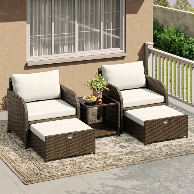 HiMISS 5-teiliges Rattan-Gartenmöbel-Set mit Glastisch und blauen Polstern in Braun - Bild 1