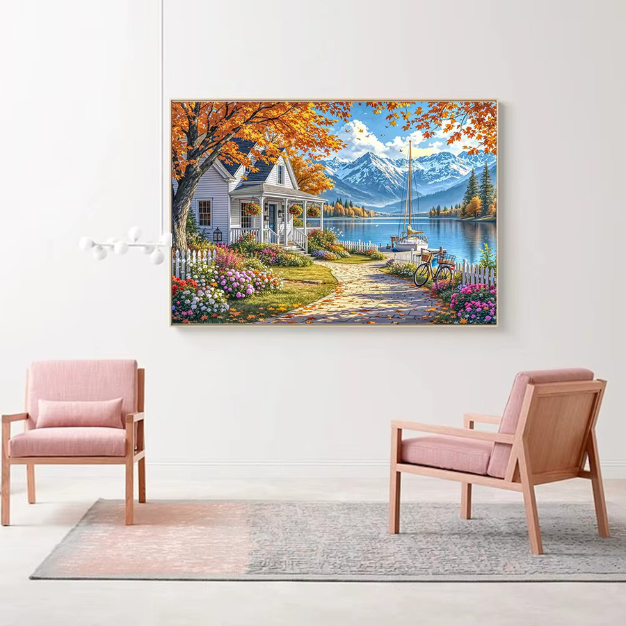 Huacan Diamant-Mosaik Wandbild Landschaft mit Landhaus in Herbstfarben, quadratisch, mehrfarbig, B/H: 30,0 x 20,0 cm - Bild 2