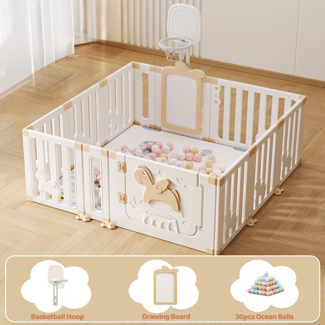 YEALEO Baby-Laufstall, Angel Horse Baby-Sicherheitsspielplatz-Aktivitätszentrum, mit Whiteboard-Basketballkorb und 30 bunten Bällen, 12 Panels - Bild 1