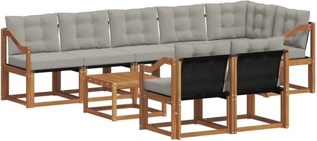 vidaXL Outdoor-Sofagarnitur 9-tlg. in L-Form aus Akazienholz und Textilene mit Kissen, Farbe: Natur und Grau - Bild 1