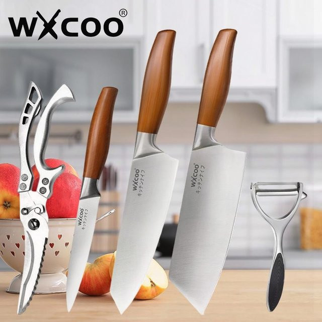 WXCOO Profi Küchenmesser-Set aus Edelstahl in Silber mit Holzdetails inklusive Schere, Schäler und Schneidebrett - Bild 1