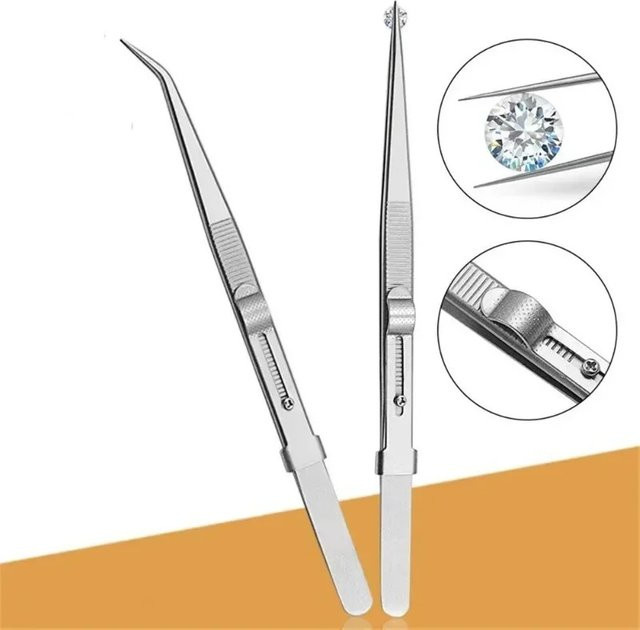 Antistatische Edelstahl-Pinzette in Silber mit verstellbarem Verschluss für Präzisionsarbeiten bei Diamanten, Edelsteinen und der Schmuckherstellung - Bild 1