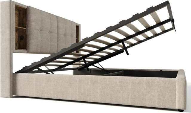 Merax Polsterbett mit Stauraum und USB-C Ladestation, Farbe Beige, B/T/H: 140 x 200 x 145 cm - Bild 1
