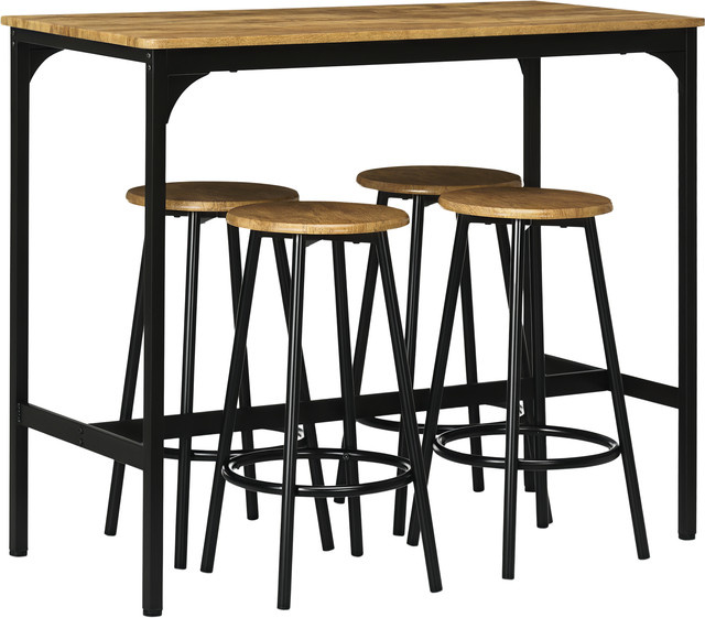 HOMCOM Bartisch Set 5-teilig im Industriedesign mit 4 Barhockern, Essgruppe für Küche und Bar, Braun - Bild 1