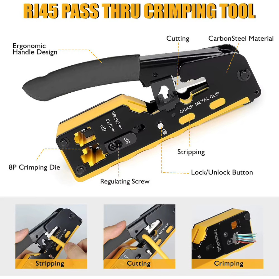 RJ45 Crimp Tool Kit Netzwerk Reparaturset für Cat5 Cat6 Cat7 inklusive Kabeltester und KD-1 Drahtschneider in Gelb - Bild 3