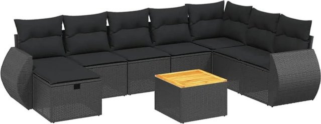 vidaXL 9-tlg. Garten-Sofagarnitur in L-Form aus Polyrattan und Metall in Schwarz mit Kissen und Polsterung - Bild 1