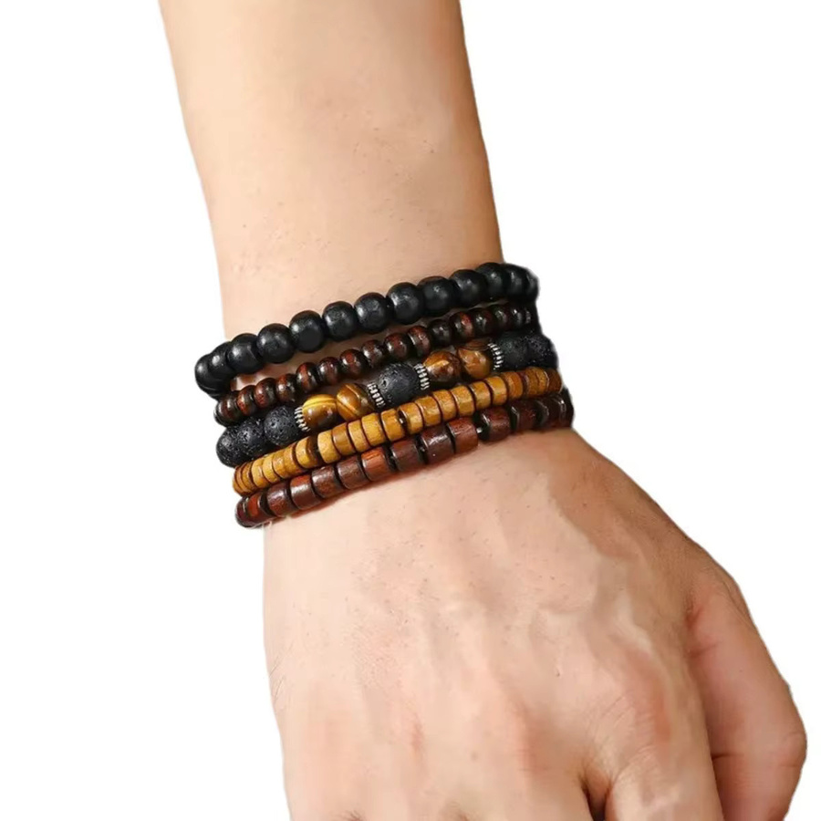 Armband-Set Kunstleder, Tigerauge, Mondsteinperlen, Vintage, Unisex - Bild 3