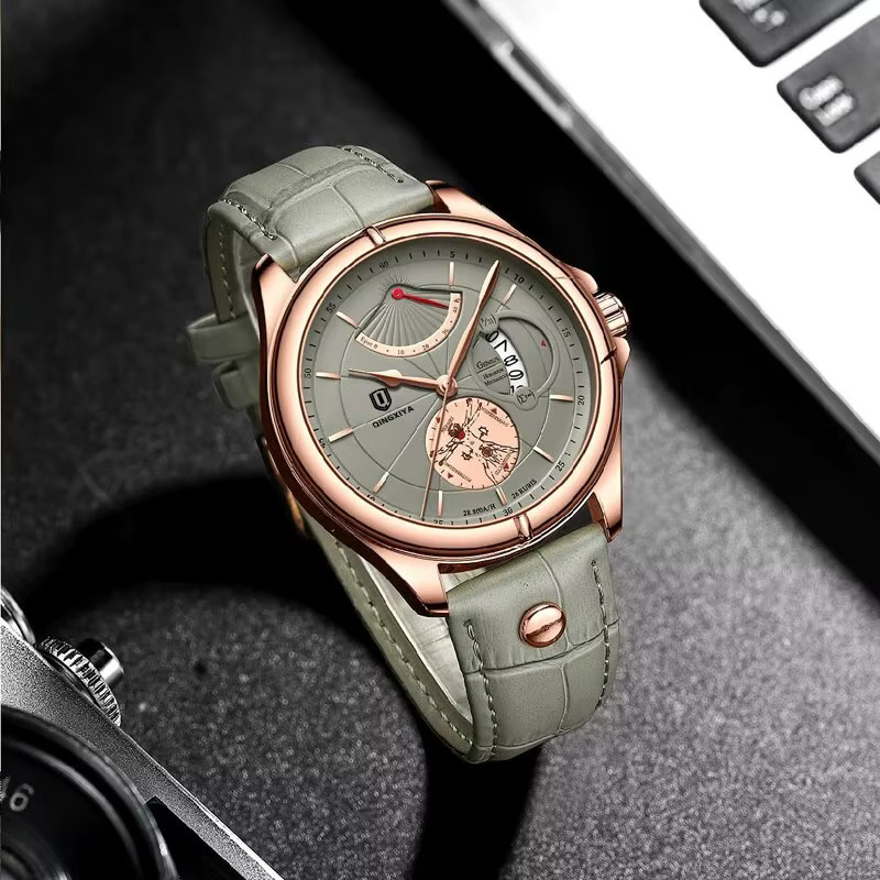 QINGXIYA Armbanduhr Leder, Quarz, Datum, Roségold, Herren - Bild 4