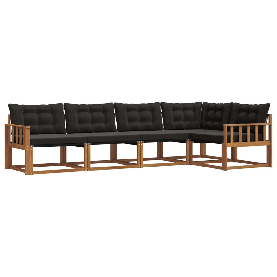 vidaXL Outdoor-Sofagarnitur 5-teilig aus Akazienholz und Textilene in Natur und Schwarz mit Kissen und Armlehnen - Bild 2